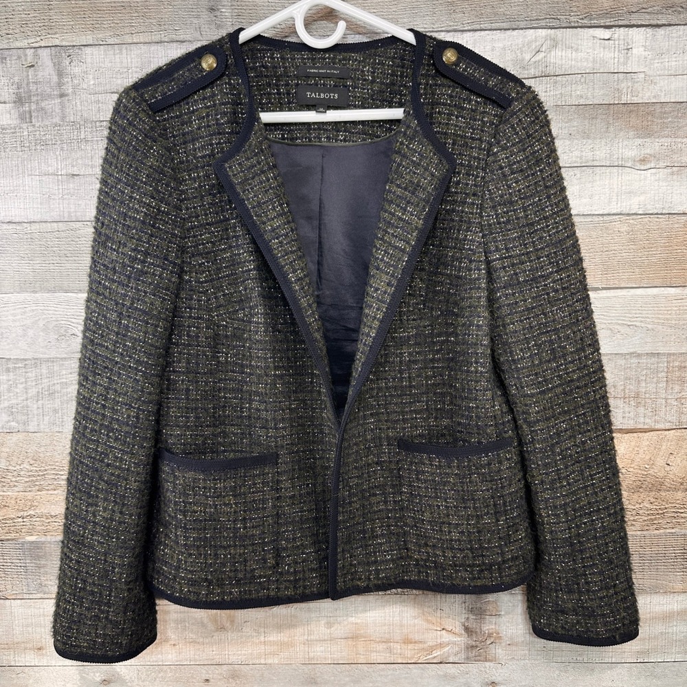 Talbots Womens Metallic Tweed Open Front Blazer Italian Wool Alpaca Green 14